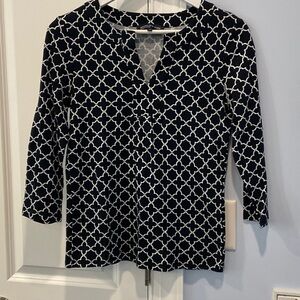 Jones New York Navy and White Patterned Blouse
